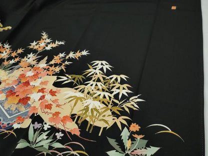 平和屋着物●豪華黒留袖　友禅　作家物　乱菊松竹梅花文　反端付き　正絹　逸品　CABE2577yc