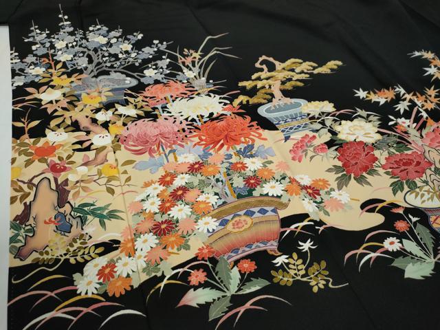 平和屋着物●豪華黒留袖　友禅　作家物　乱菊松竹梅花文　反端付き　正絹　逸品　CABE2577yc