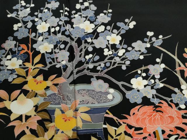 平和屋着物●豪華黒留袖　友禅　作家物　乱菊松竹梅花文　反端付き　正絹　逸品　CABE2577yc