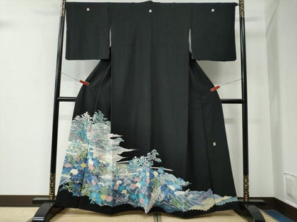 平和屋着物●豪華黒留袖　友禅　作家物　松竹梅風景花文　正絹　逸品　CABE2578yc