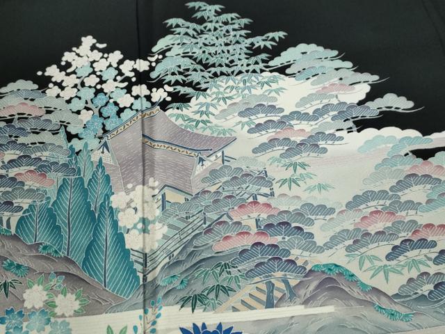 平和屋着物●豪華黒留袖　友禅　作家物　松竹梅風景花文　正絹　逸品　CABE2578yc 平和屋着物□豪華黒留袖 駒刺繍 松竹梅 金彩 正絹 逸品 DABD3370sf
