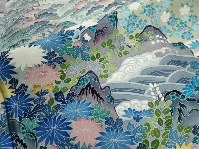 平和屋着物●豪華黒留袖　友禅　作家物　松竹梅風景花文　正絹　逸品　CABE2578yc 平和屋着物○豪華黒留袖 友禅 作家物 松竹梅風景花文 正絹 逸品