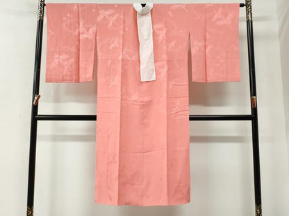 平和屋着物●長襦袢　袷　飛鶴舞桜地紋　珊瑚色　半衿刺繍　正絹　逸品　CABE2587yc