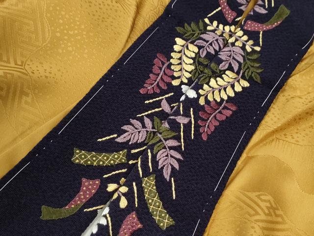 平和屋着物●長襦袢　無双仕立て　道長吉祥地紋　山吹茶色　半衿刺繍　正絹　逸品　CABE2596yc 平和屋着物○長襦袢 無双仕立て 道長吉祥地紋 山吹茶色 半衿刺繍 正絹