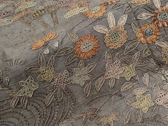 平和屋着物●中国三大刺繍　スワトウ刺繍　総刺繍　訪問着　紬地　浜松籬草花文　正絹　逸品　CABE2599yc
