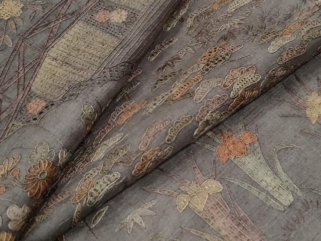 平和屋着物●中国三大刺繍　スワトウ刺繍　総刺繍　訪問着　紬地　浜松籬草花文　正絹　逸品　CABE2599yc