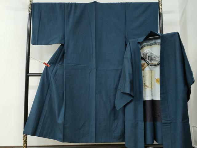 平和屋着物●男性　紬　アンサンブル　色無地　濃紺地　正絹　逸品　CABE2602yc