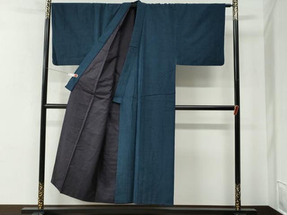 平和屋着物●男性　紬　アンサンブル　色無地　濃紺地　正絹　逸品　CABE2602yc