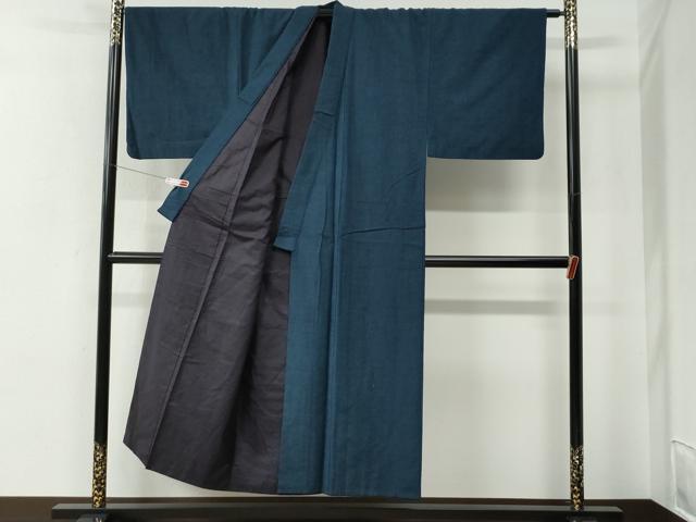 平和屋着物●男性　紬　アンサンブル　色無地　濃紺地　正絹　逸品　CABE2602yc