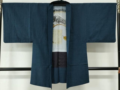 平和屋着物●男性　紬　アンサンブル　色無地　濃紺地　正絹　逸品　CABE2602yc