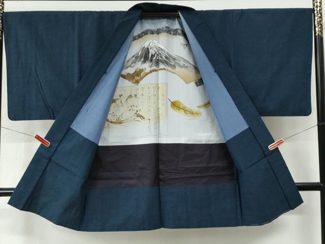 平和屋着物●男性　紬　アンサンブル　色無地　濃紺地　正絹　逸品　CABE2602yc