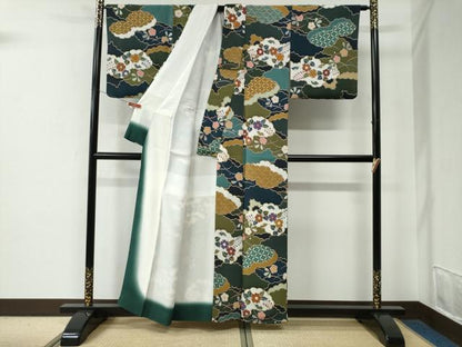 平和屋着物●上質な小紋　型染め　雲重ね吉祥枝花文　鬼しぼ縮緬　正絹　逸品　CABE2603yc