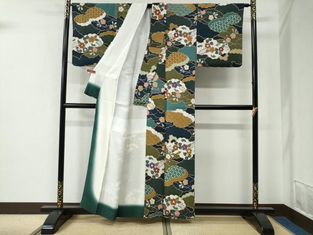 平和屋着物●上質な小紋　型染め　雲重ね吉祥枝花文　鬼しぼ縮緬　正絹　逸品　CABE2603yc