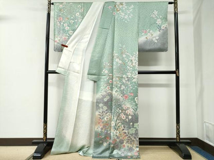平和屋着物●訪問着　絞り　草花文　暈し染め　金彩　ロング丈　正絹　逸品　未使用　CABE2606yc
