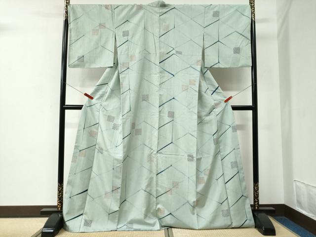 平和屋着物●上質な小紋　紬地　藍　色紙吉祥花文　ますいわ屋扱い　ロング丈　正絹　逸品　CABE2622yc