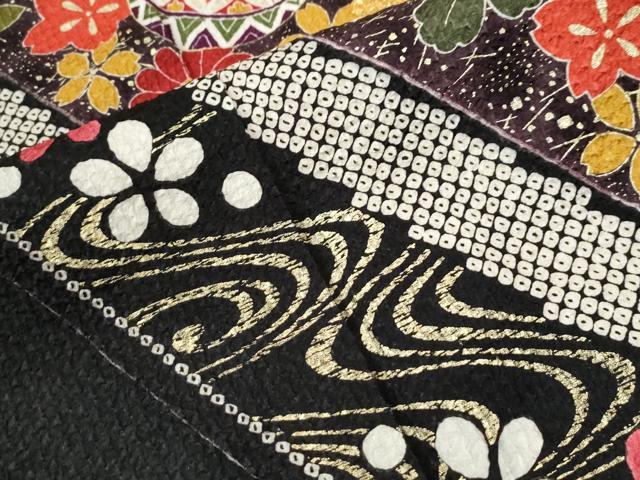 平和屋着物●豪華振袖　駒刺繍　絞り　熨斗吉祥流水毬花文　黒地　金彩　正絹　逸品　CABE2635yc