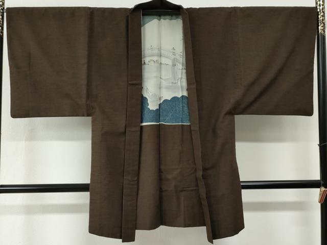 平和屋着物●男性　紬　アンサンブル　色無地　憲法色　正絹　逸品　CABE2636yc