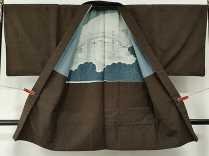 平和屋着物●男性　紬　アンサンブル　色無地　憲法色　正絹　逸品　CABE2636yc