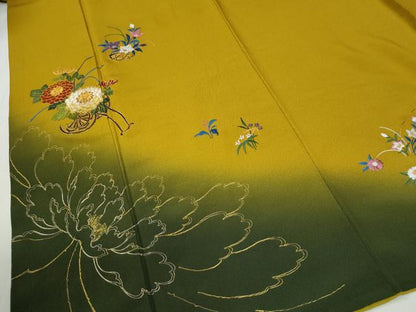 平和屋着物●訪問着　総刺繍　駒刺繍　花車　牡丹　暈し染め　金糸　正絹　逸品　CABE2639yc