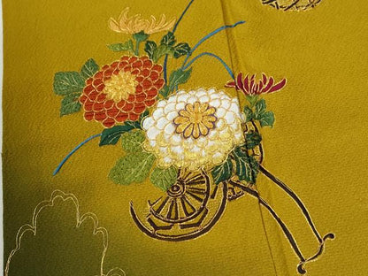 平和屋着物●訪問着　総刺繍　駒刺繍　花車　牡丹　暈し染め　金糸　正絹　逸品　CABE2639yc