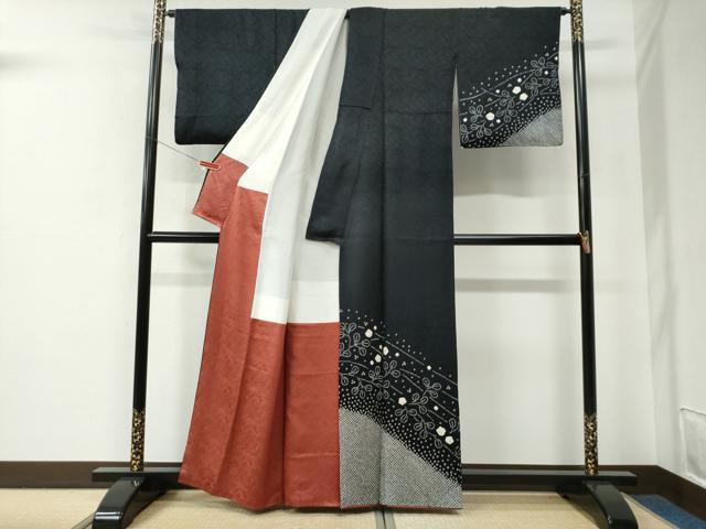 平和屋着物●訪問着　絞り　萩舞花文　黒地　正絹　逸品　CABE2651yc