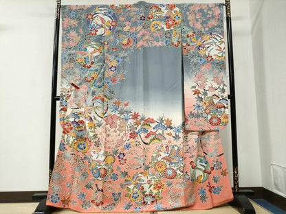 平和屋着物●豪華振袖　型染め　風景花鳥丸文　暈し染め　正絹　逸品　CABE2657yc