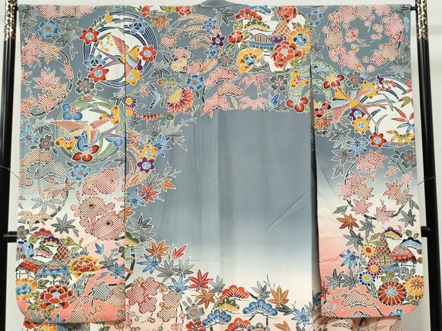 平和屋着物●豪華振袖　型染め　風景花鳥丸文　暈し染め　正絹　逸品　CABE2657yc