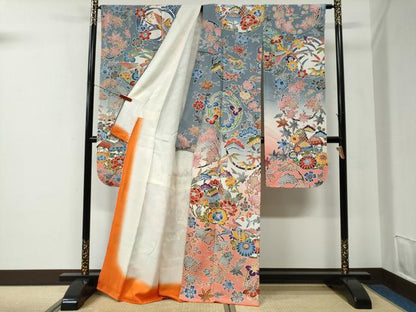 平和屋着物●豪華振袖　型染め　風景花鳥丸文　暈し染め　正絹　逸品　CABE2657yc