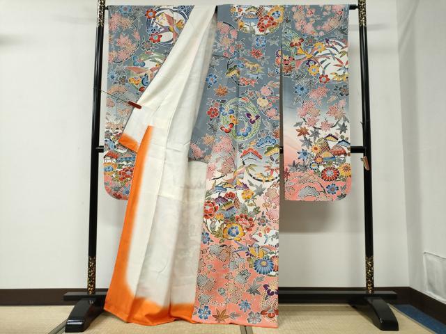 平和屋着物●豪華振袖　型染め　風景花鳥丸文　暈し染め　正絹　逸品　CABE2657yc