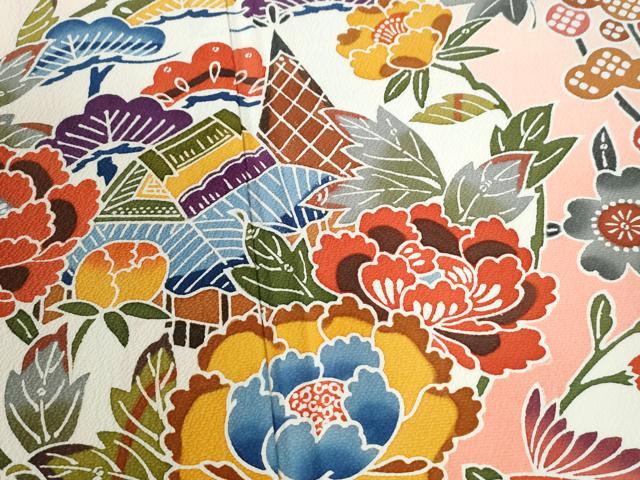 平和屋着物●豪華振袖　型染め　風景花鳥丸文　暈し染め　正絹　逸品　CABE2657yc