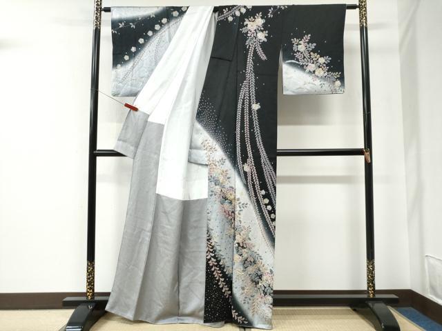 平和屋着物●訪問着　辻が花　絞り　暈し染め　黒地　金彩　正絹　逸品　CABE2667yc
