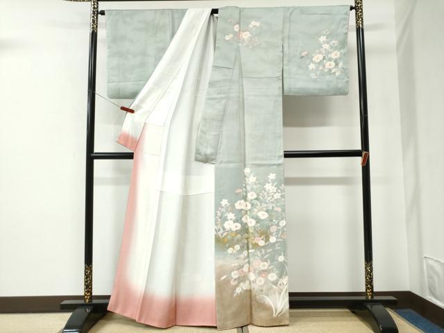 平和屋着物●訪問着　刺繍　草花文　暈し染め　金彩　正絹　逸品　CABE2689yc