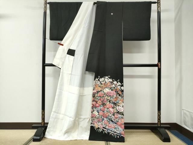平和屋着物●豪華黒留袖　友禅　作家物　休み鳥枝牡丹花文　ロング丈　正絹　逸品　CABE2693yc
