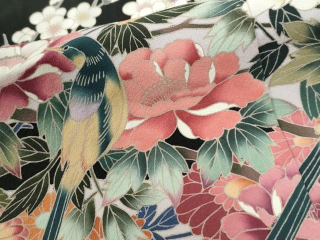 平和屋着物●豪華黒留袖　友禅　作家物　休み鳥枝牡丹花文　ロング丈　正絹　逸品　CABE2693yc