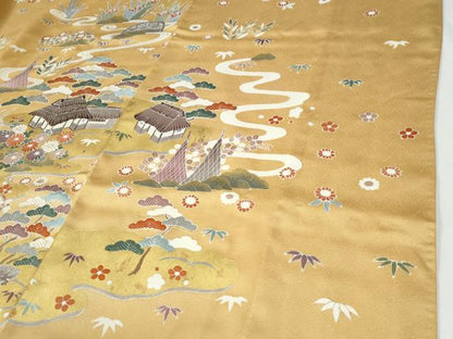 平和屋着物●訪問着　駒刺繍　浜松渡り橋風景花文　金彩　正絹　逸品　CABE2695yc