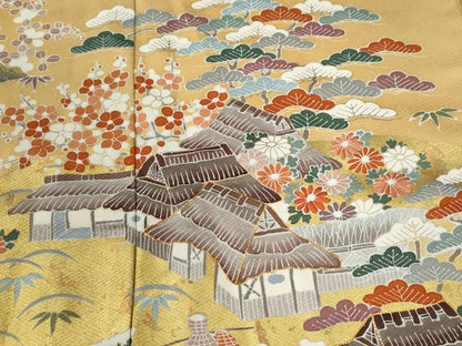 平和屋着物●訪問着　駒刺繍　浜松渡り橋風景花文　金彩　正絹　逸品　CABE2695yc
