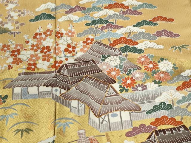 平和屋着物●訪問着　駒刺繍　浜松渡り橋風景花文　金彩　正絹　逸品　CABE2695yc