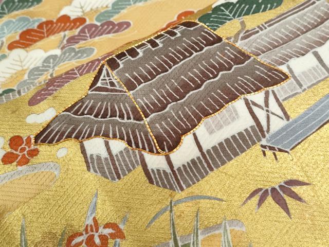 平和屋着物●訪問着　駒刺繍　浜松渡り橋風景花文　金彩　正絹　逸品　CABE2695yc