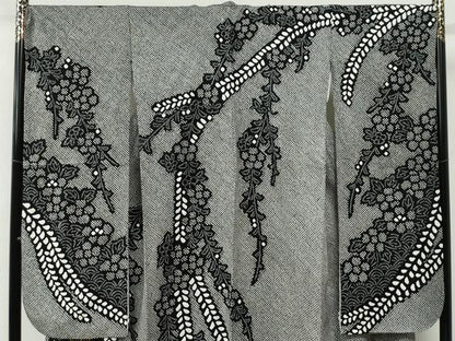 平和屋着物●豪華振袖　総絞り　駒刺繍　草花文　黒地　正絹　逸品　CABE2715yc