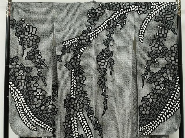 平和屋着物●豪華振袖　総絞り　駒刺繍　草花文　黒地　正絹　逸品　CABE2715yc