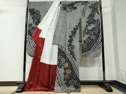 平和屋着物●豪華振袖　総絞り　駒刺繍　草花文　黒地　正絹　逸品　CABE2715yc