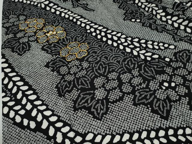 平和屋着物●豪華振袖　総絞り　駒刺繍　草花文　黒地　正絹　逸品　CABE2715yc
