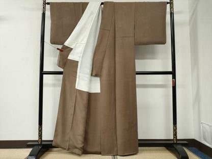 平和屋着物●上質な色無地　紗綾形地紋　枯茶色　正絹　逸品　CABE2718yc