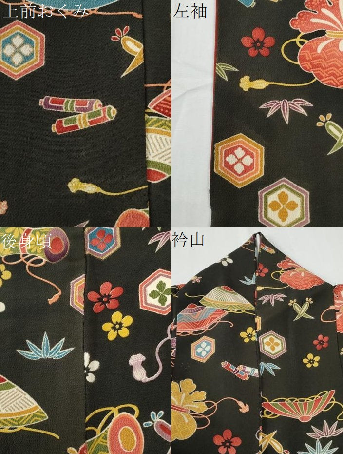 平和屋着物●上質な小紋　宝尽くし吉祥花文　黒地　正絹　逸品　CABE2731yc