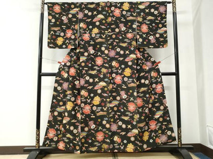 平和屋着物●上質な小紋　宝尽くし吉祥花文　黒地　正絹　逸品　CABE2731yc