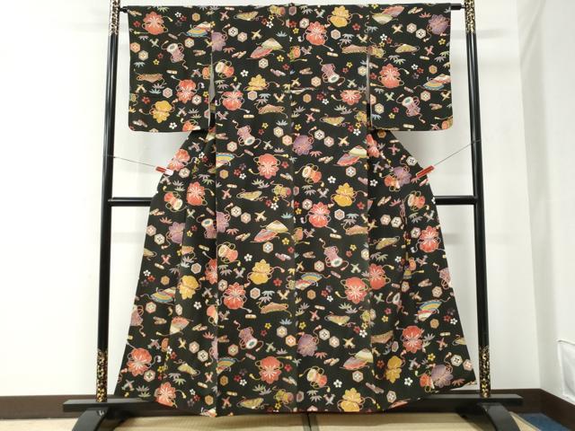 平和屋着物●上質な小紋　宝尽くし吉祥花文　黒地　正絹　逸品　CABE2731yc