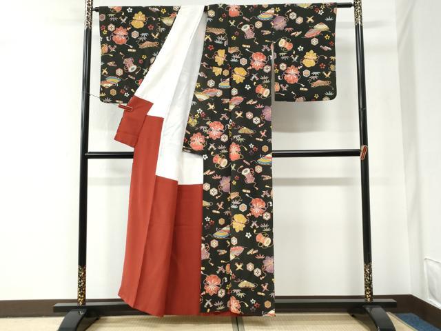 平和屋着物●上質な小紋　宝尽くし吉祥花文　黒地　正絹　逸品　CABE2731yc