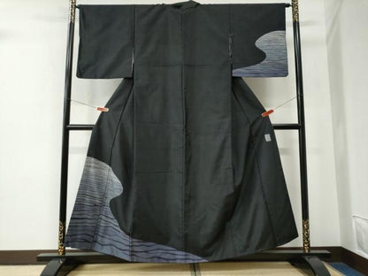 平和屋着物●西陣　京の名門　じゅらく謹製　訪問着　紬地　霞文　黒地　正絹　逸品　CABE2733yc