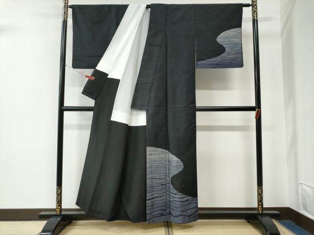 平和屋着物●西陣　京の名門　じゅらく謹製　訪問着　紬地　霞文　黒地　正絹　逸品　CABE2733yc
