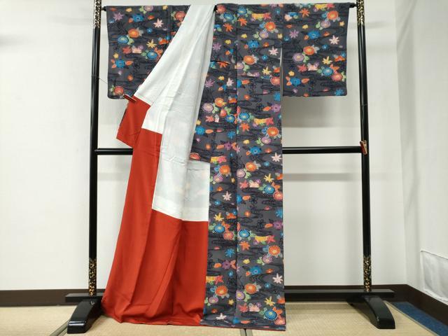 平和屋着物●上質な小紋　型染め　竜田川菊花文　鬼しぼ縮緬　ロング丈　正絹　逸品　CABE2735yc